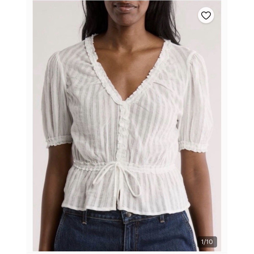 Steve Madden White Striped V-Neck Puff Sleeve Button Front Ruffle Blouse S